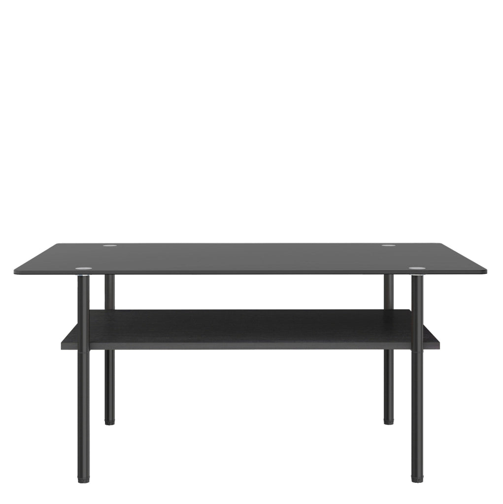 Tavolino da salotto moderno con piano in vetro nero e ripiano in MDF
