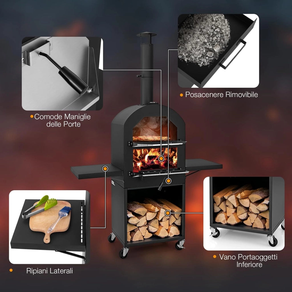 Forno per Pizza da Esterno con Ruote, Forno a Legna per Pizza con Copertura Protettiva, Pala per Pizza, Griglie e Termometro Integrato, per BBQ, Campeggio e Festa (Modello 1)