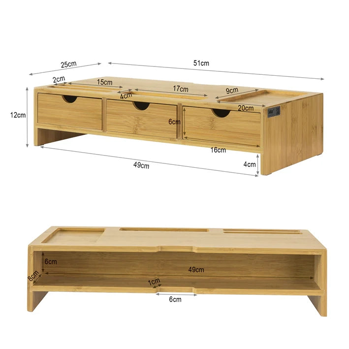 Supporto monitor pc da scrivania con 3 Organizzatore cassetti L51*P25*A12 cm, legno massiccio di bambÃ¹ BBF03-N