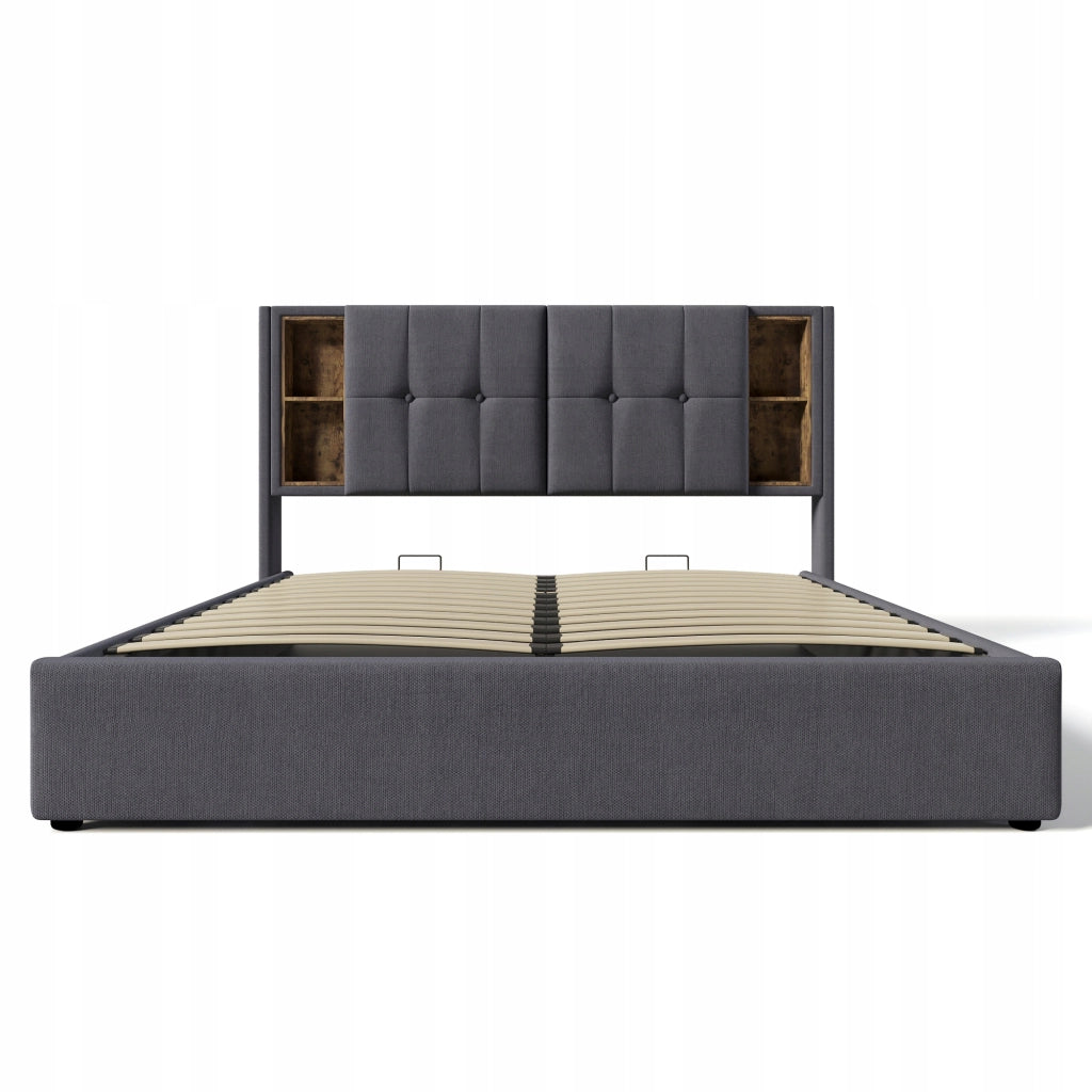 Letto imbottito 160x200 - Xylo - Grigio, con materasso, ricarica wireless e USB-C