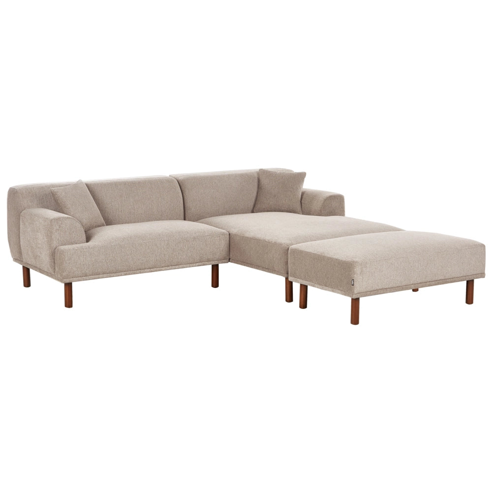 Divano ad angolo sinistro in tessuto tortora lato sinistro con pouf stile minimalista