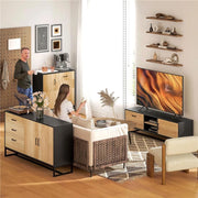 CREDENZA MODERNA CON 3 ARMADIETTI E 2 CASSETTI IN TRUCIOLATO E ACCIAIO 80X35X88 CM NERO E COLOR LEGNO