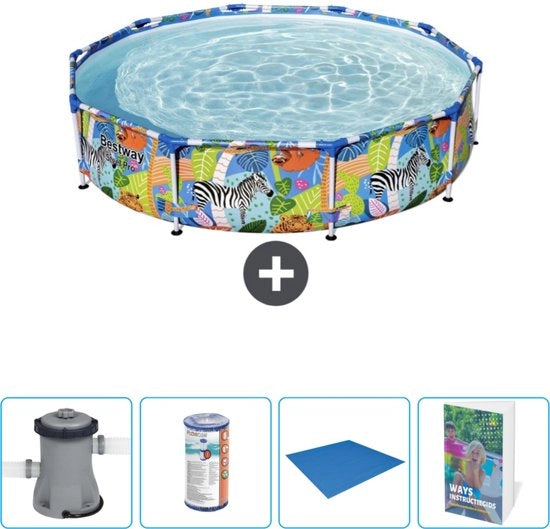 Piscina Ronda Acciaio Pro - 305 x 66 cm - Disegno Giungla - Inclusa Pomp, Filtro, Copertura e Guida Piscina
