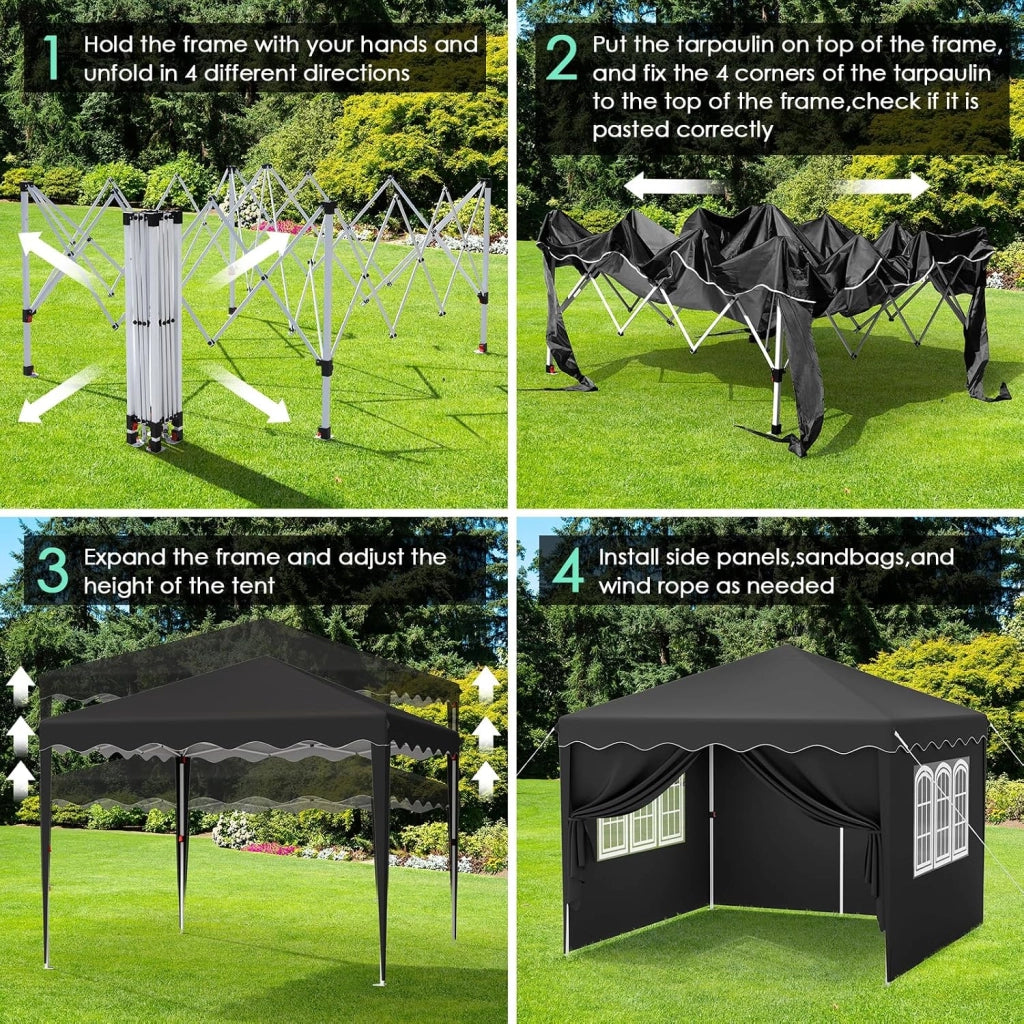 Gazebo 3x3, Gazebi Pieghevole Con Oxford 420D, Tenda Giardino Impermeabile, Per Feste, Con 4 Pareti Laterali, Padiglione Protezione UV 50+, Per Il Campeggio (Nero)