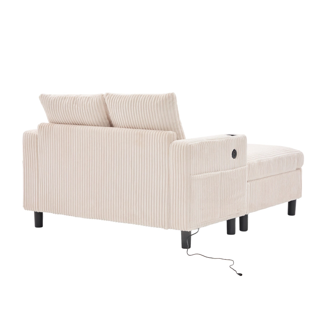 Poltrona relax XXL con illuminazione LED multicolore, USB e portabicchieri, in velluto a coste beige