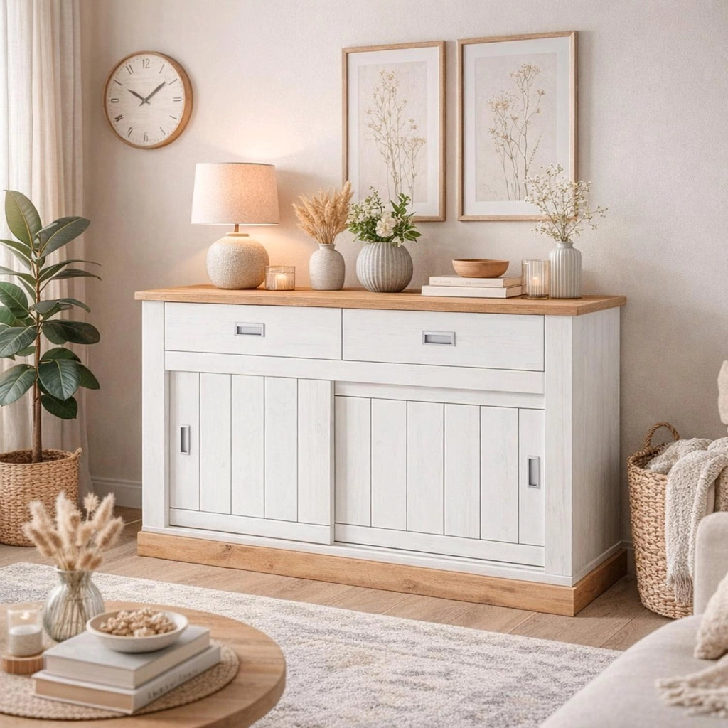 Mobile Madia Credenza Soggiorno Con 2 Cassetti E 2 Ante Scorrevoli 4 Ripiani Interni Design Minimal Shabby Chic Zona Living Sala Da Pranzo 150 x 50 x 95.5 Cm Bianco E Rovere