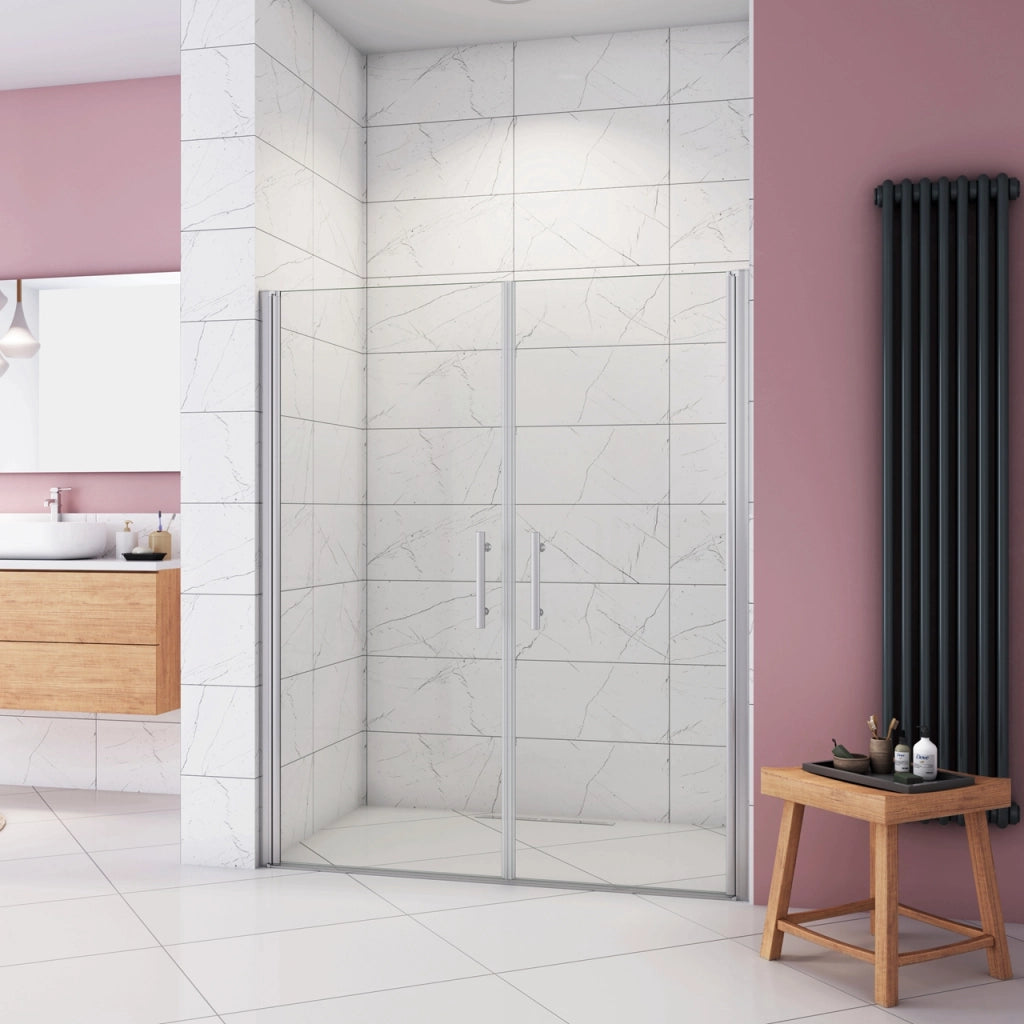 Box Doccia per Nicchia 185 cm Doppia Porta Battente Saloon Vetro Temperato 6 mm Anticalcare Larga 140 cm (70+76: 1378-1418 mm)