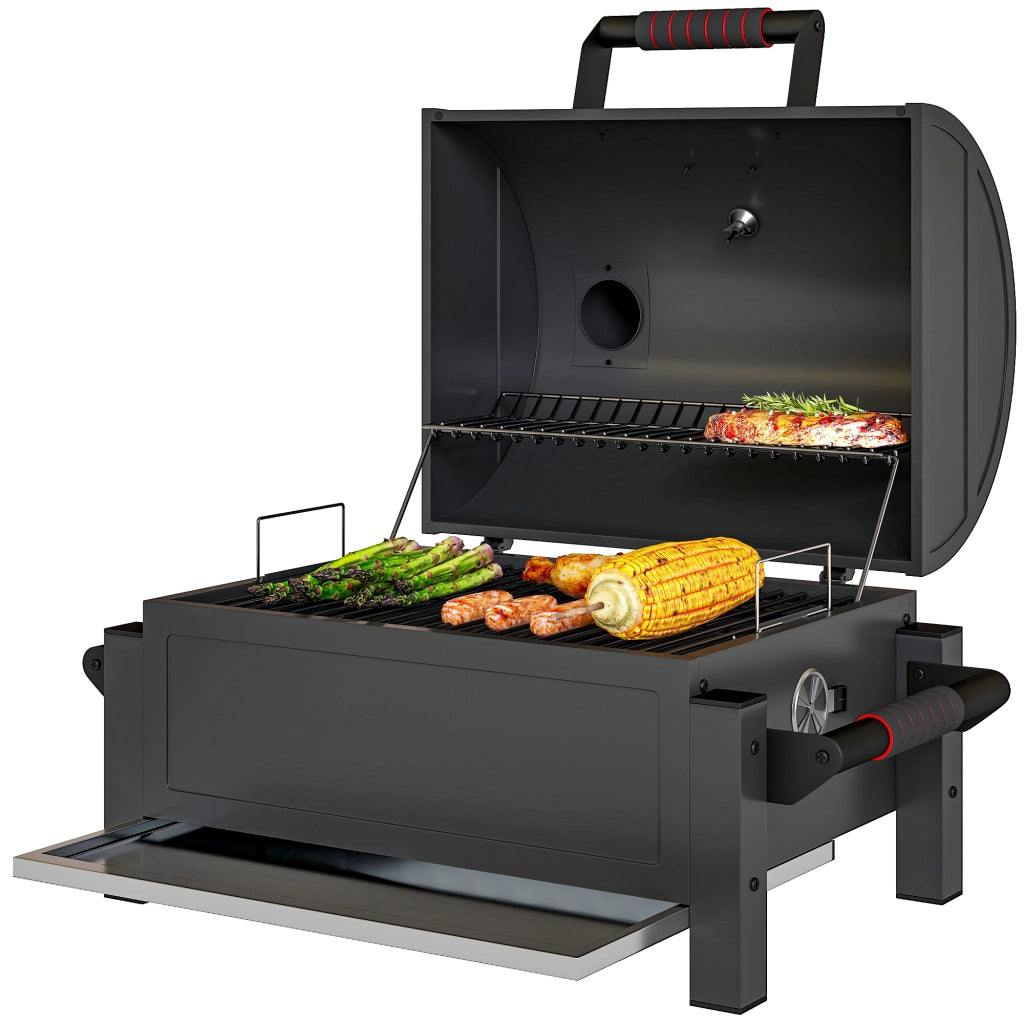 Barbecue a carbone con coperchio, griglia riscaldante, cassetto cenere, termometro, inox ¨C zephmum ¨C Nero/Rosso 67x53x55cm