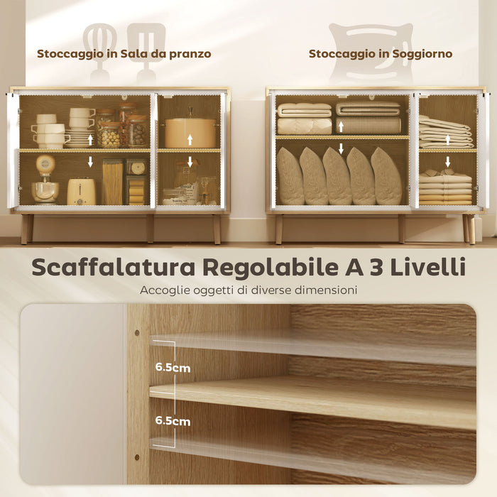 Credenza Moderna 107x35x77 cm a 3 Ante con Ripiano Regolabile Bianco Lucido e Rovere