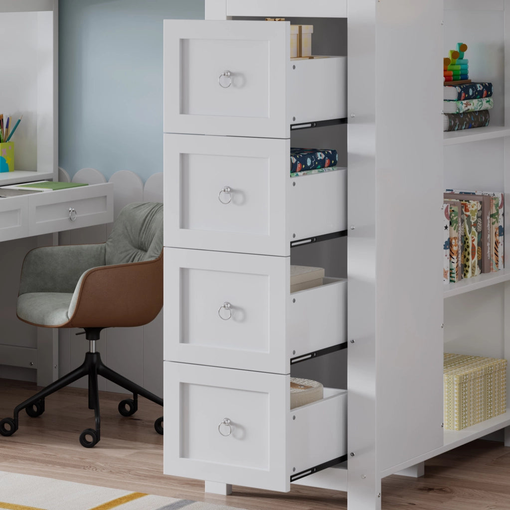 Letto a soppalco 90x200 cm con scrivania e contenitore in legno bianco