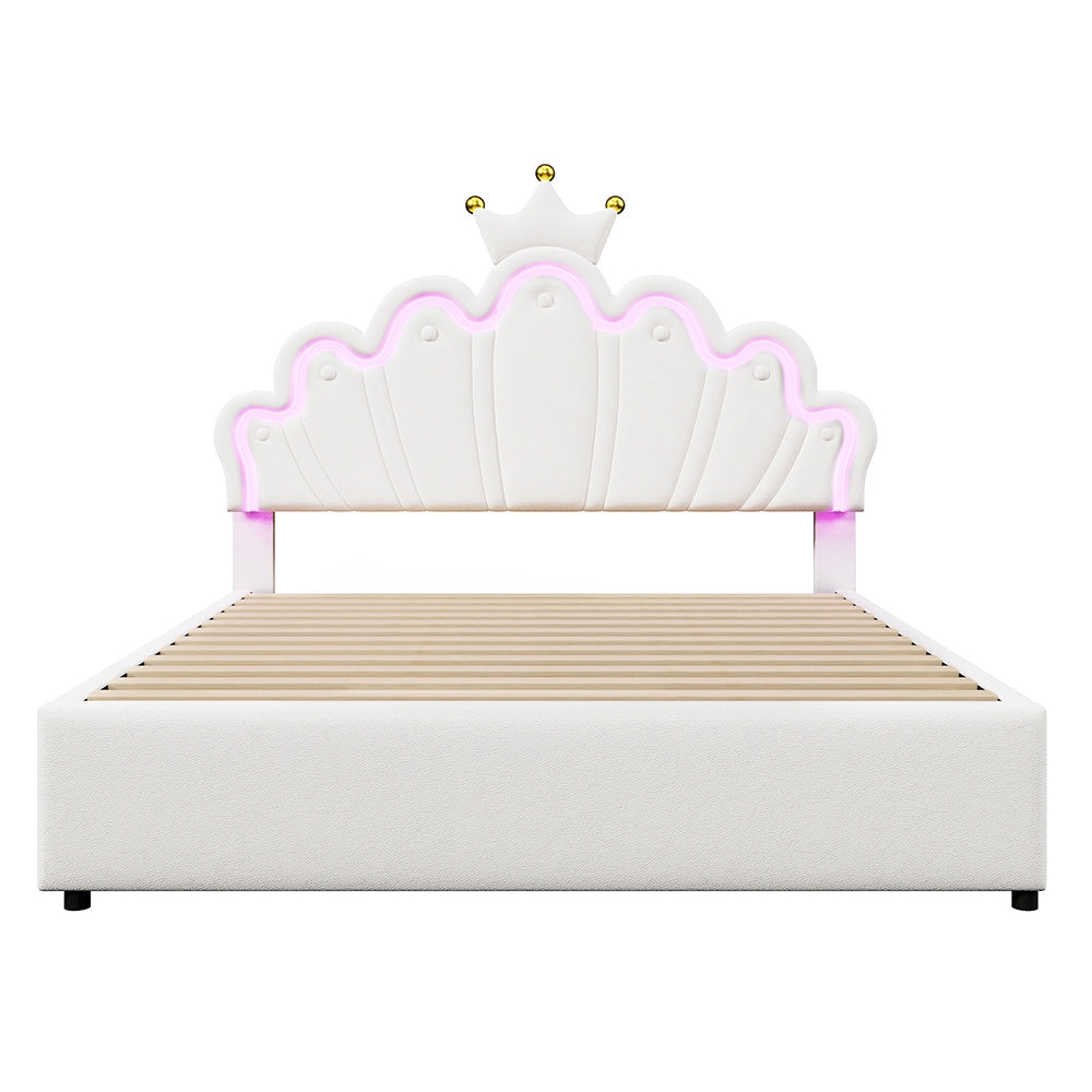 Letto matrimoniale-Xylo-140x200 cm-2 cassetti, LED, testiera corona, PU bianco