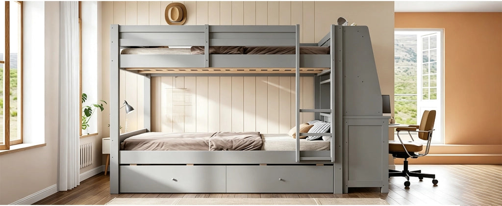 Letto a castello con armadio laterale e scrivania, 140x200 cm, grigio