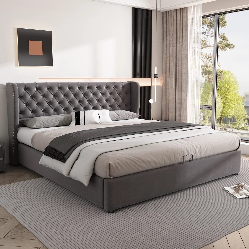 Letti contenitori 180x200 cm con contenitore idraulico; velluto; grigio (Senza materasso)