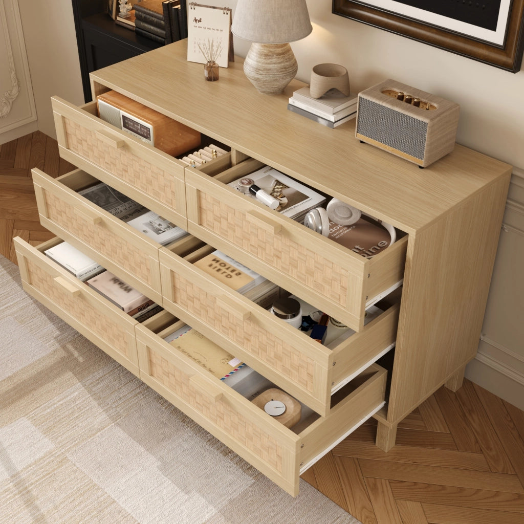 Credenza con 6 Cassetti; Frontali Effetto Rattan; Stile Naturale; in Pannello di Truciolare; 120??40??75 cm; Naturale
