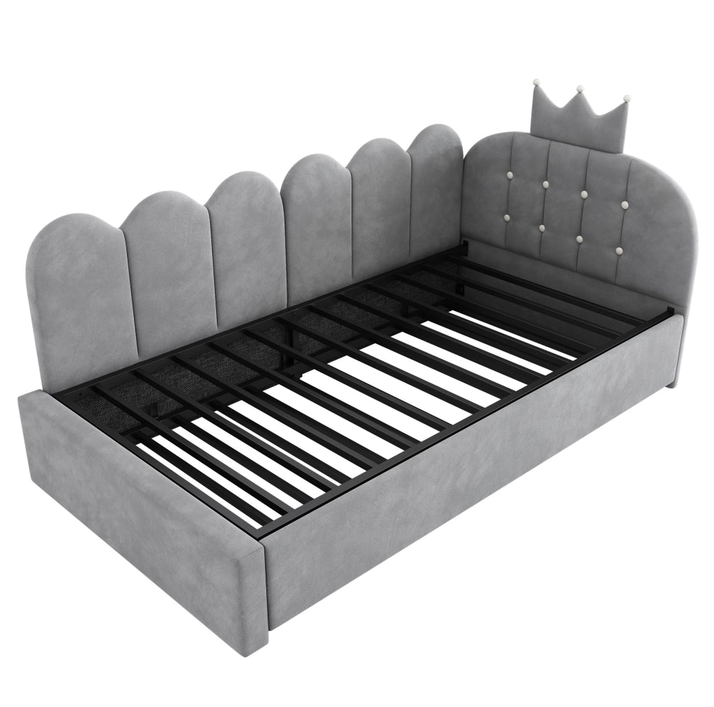 Letto singolo con letto estraibile L; design corona e griglia; 90x200 cm; velluto grigio