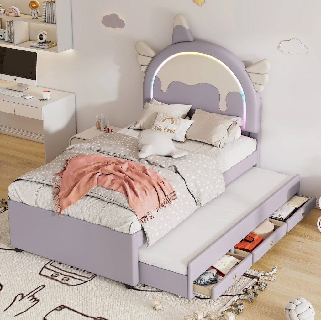Letto singolo per bambini a unicorno viola 90x200 cm con letto estraibile e cassetti