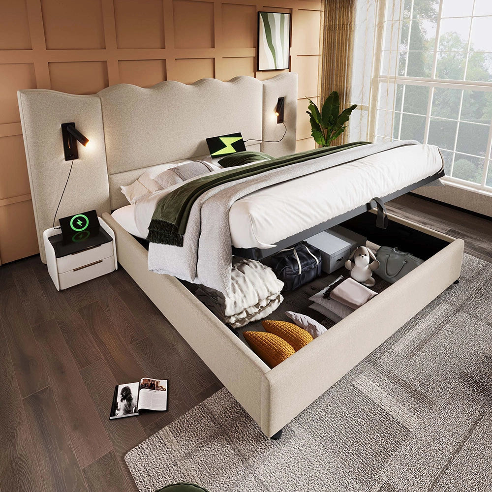 Letto matrimoniale con materasso - Xylo - 160x200 cm - Beige - Luce lettura USB-C