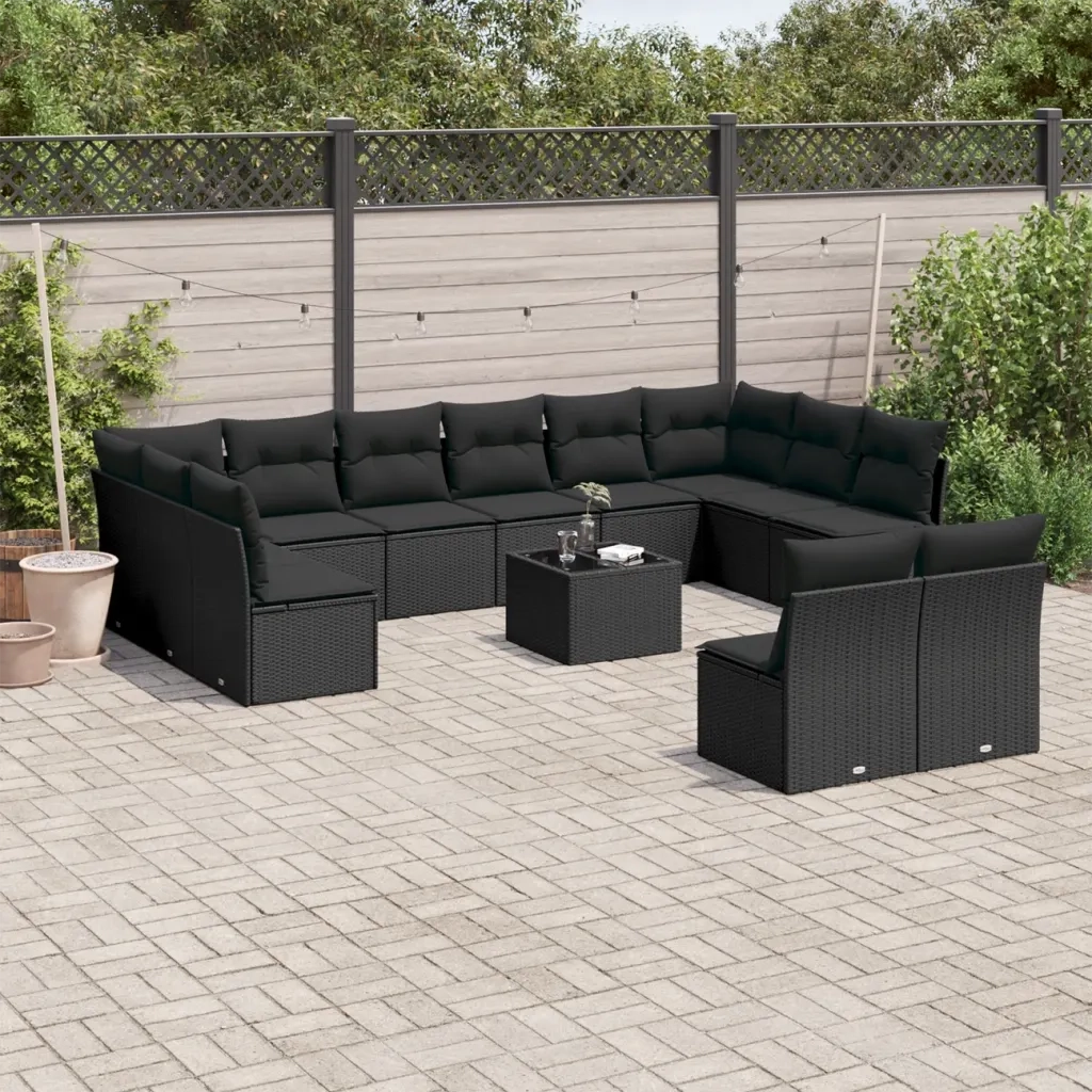 Set Divani da Giardino 13pz con Cuscini Nero in Polyrattan