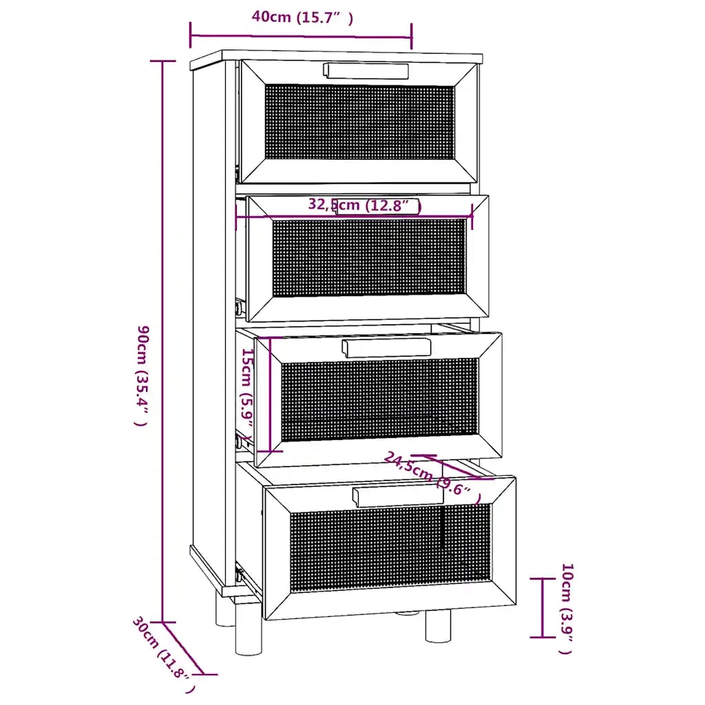 Credenza-Buffet-Armadio da cucina Nera 40x30x90 cm Legno Massello Pino e Rattan Naturale