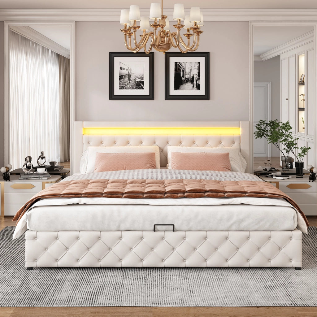 DESMIU Lit coffre 180 × 200 cm 2 places avec LED réglable, rangement, sans matelas, en PU, blanc