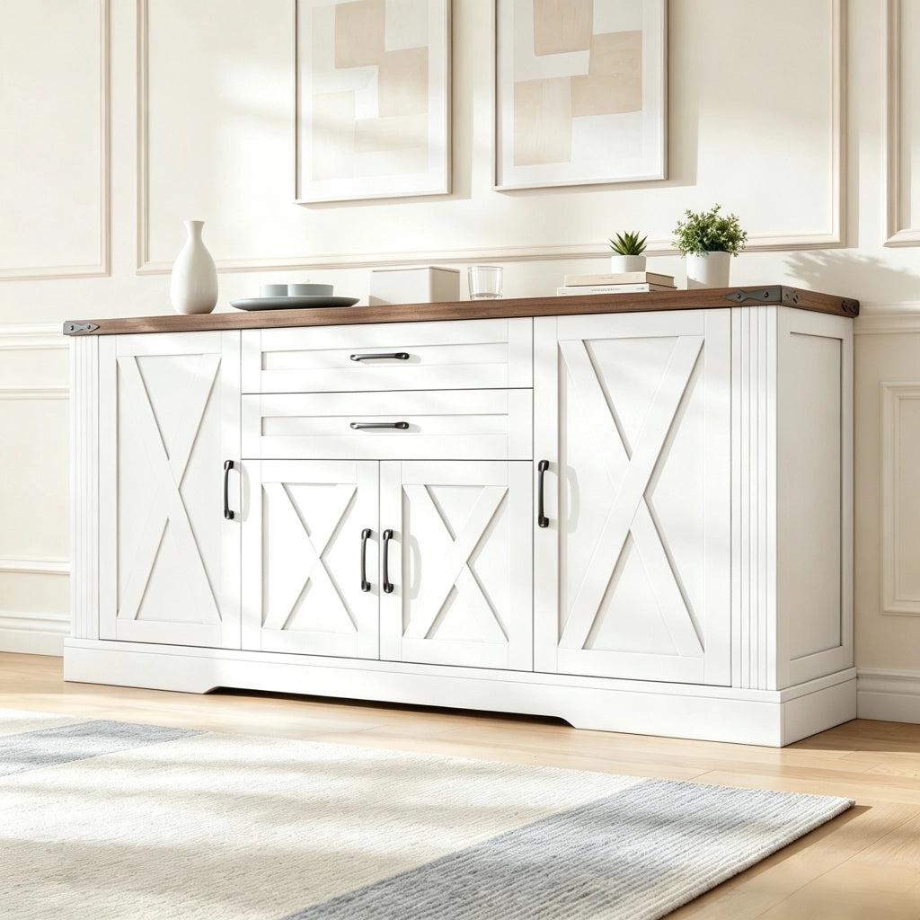 Credenza con 4 ante e 2 cassetti; ripiani regolabili - per soggiorno - in MDF e truciolare - 160×39×81.5 cm - bianco