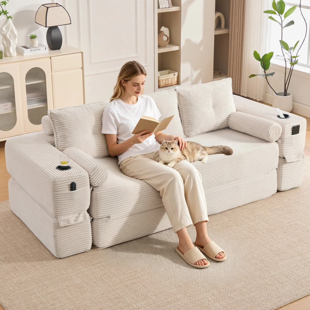 Divano letto modulare in corda con tasche laterali, portabicchieri e cuscini memory per soggiorno, beige