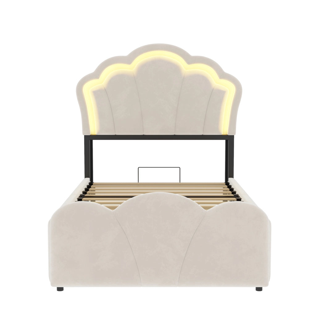Letto imbottito beige 90x200 cm in velluto con contenitore idraulico e LED