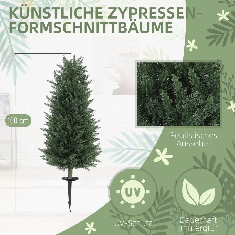 Cipressi artificiali, set da 2 con paletto di fissaggio, 100 cm, pianta artificiale in plastica, piante artificiali, albero artificiale, decorazione