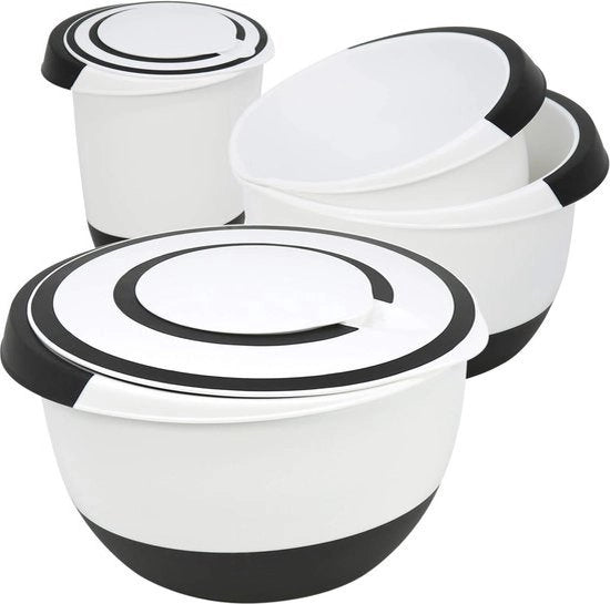 Bowl colazione e mescolamento con fondo antiscivolo, beccuccio per versare, maniglia antiscivolo, coperchio con protezione schiuma e foro per mescolare.