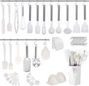 Set di utensili per cottura in silicone da 44 pezzi - spatola con manico piatto - bianca