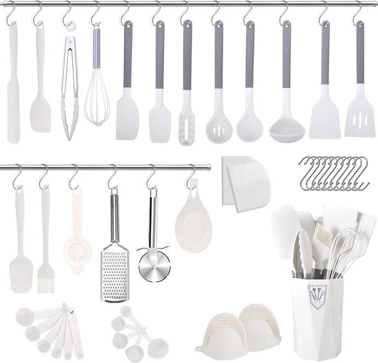Set di utensili per cottura in silicone da 44 pezzi - spatola con manico piatto - bianca