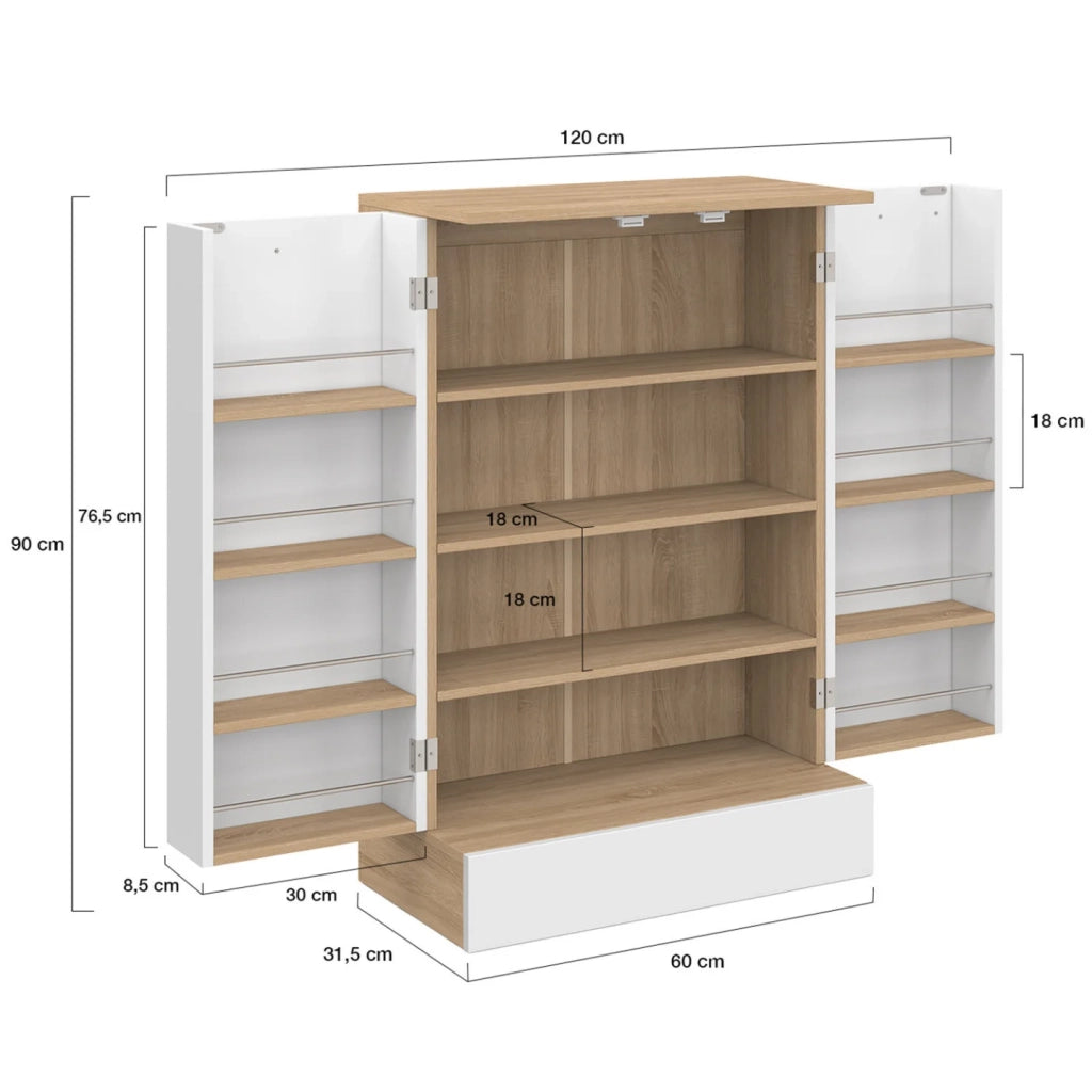 IDMarket - Cassettiera bassa da cucina ALTO H.90 cm con contenitori bianchi e in legno