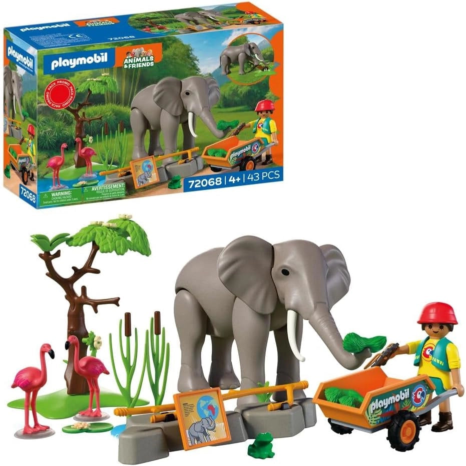PLAYMOBIL | Animal & Friends | Elefante con guardiano dello zoo | Set di giocattoli dello zoo con 4 animali e accessori