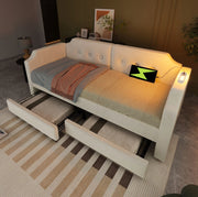 Letto singolo imbottito 90x200 beige con USB-C e cassetti