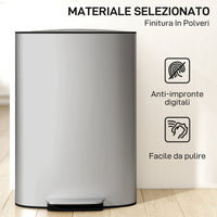 Pattumiera a Pedale da 50L con Coperchio Ammortizzato e Secchio Rimovibile in Acciaio Inox Grigio