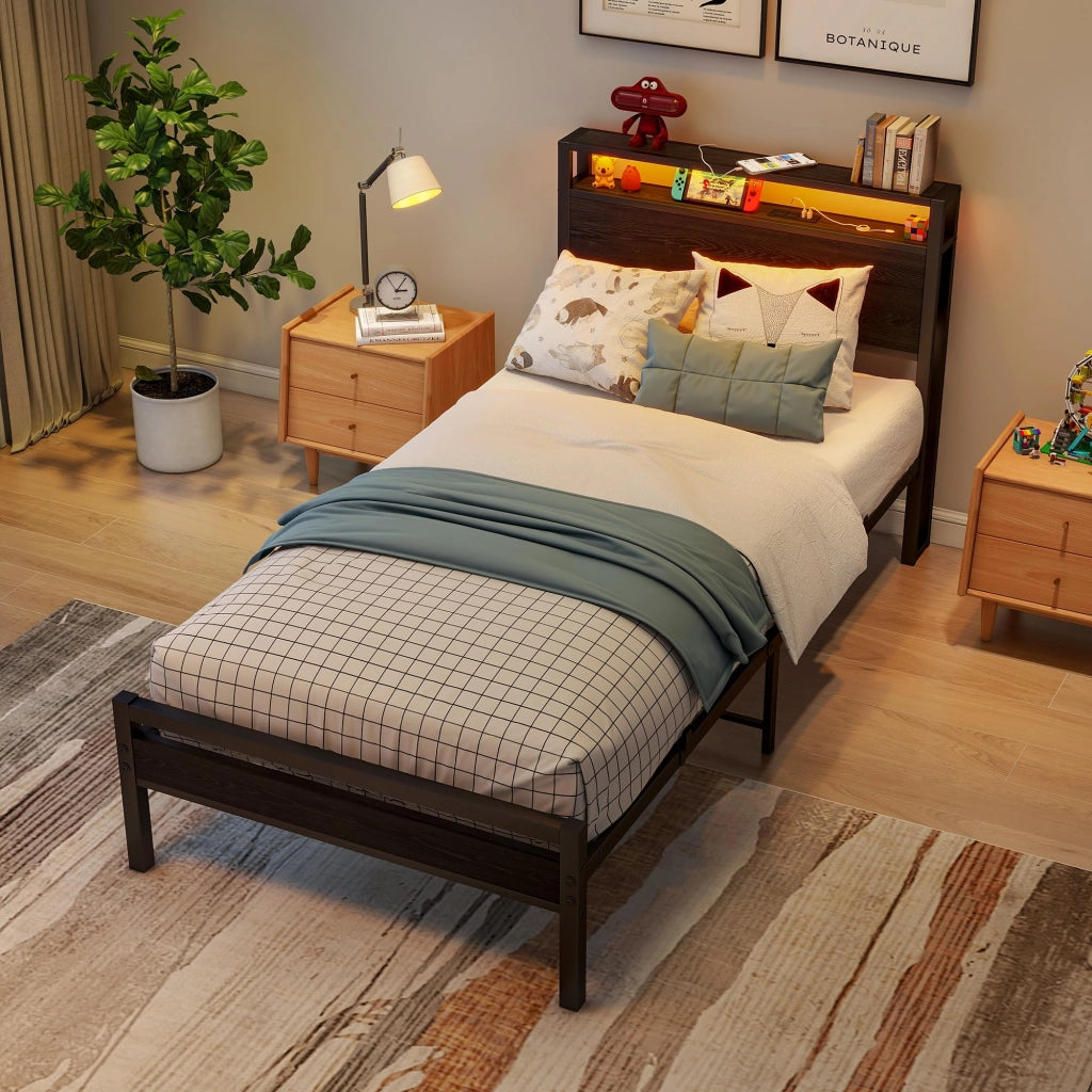 LETTO 90x200 cm con contenitore, metallo e MDF, nero, USB e LED