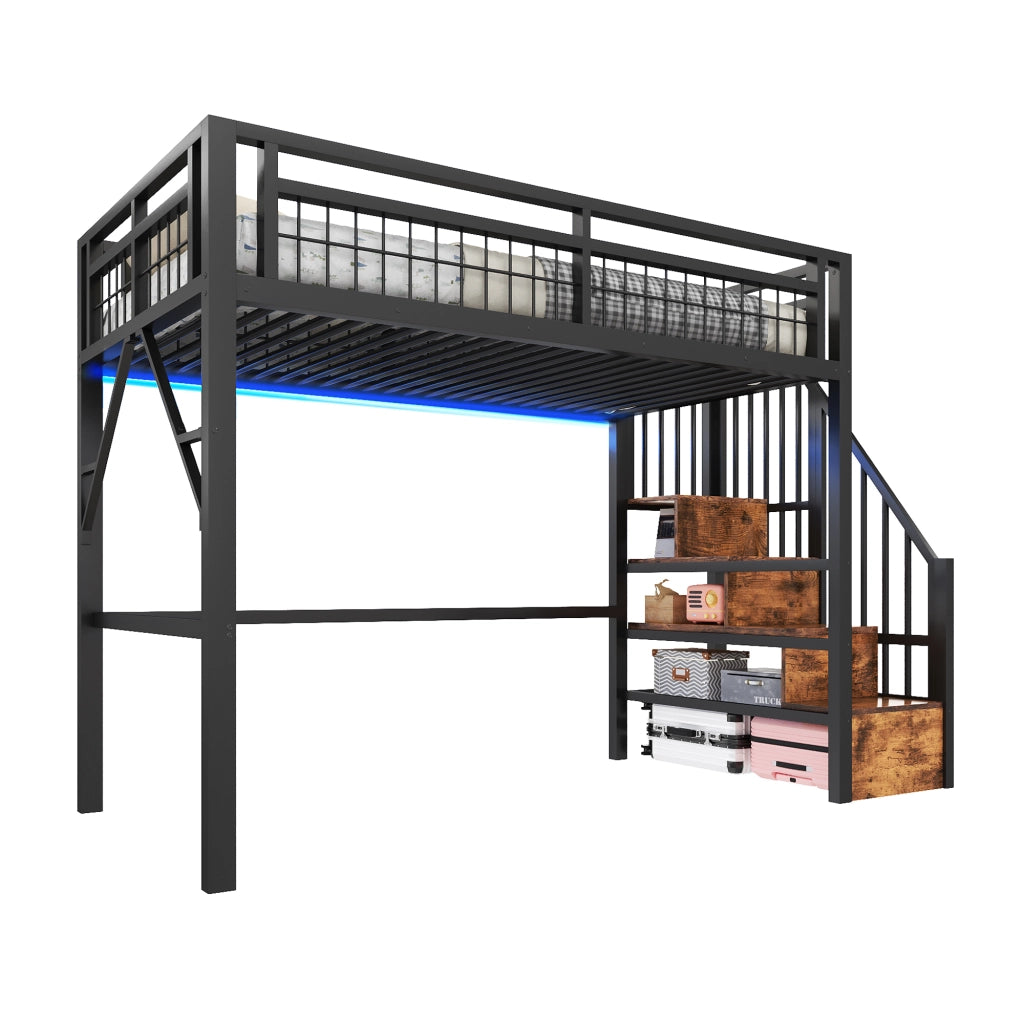 OKWISH Letto a Soppalco 90×200 cm, Letto Singolo con LED Regolabile, Scala con Contenitori e Spazio Libero, senza Materasso, in Metallo, Nero
