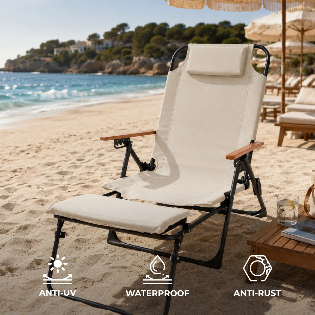 Sedia Mare Reclinabile con Poggiapiedi Estraibile, 4 Regolazioni Schienale, Poggiatesta e Tasca Portaoggetti, Spiaggina Poltrona Pieghevole da Spiaggia in Acciaio e Poliestere 600D Beige