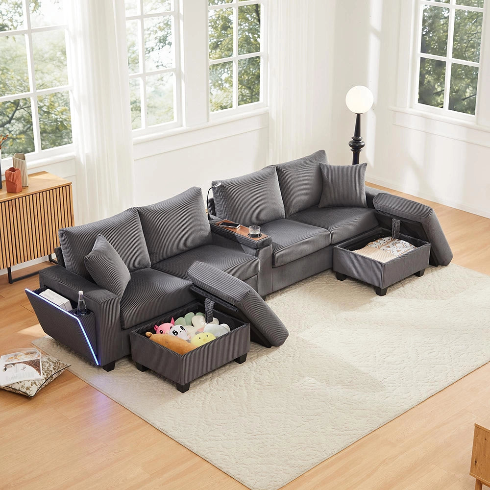 Divano a U in velluto costato - Xylo - 334x128,5x81cm - Grigio - 2 sgabelli, luce lettura, vassoio, porta-bevande, USB/Type-C, braccioli LED