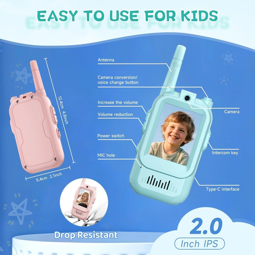 VIDEO WALKIE TALKIE BAMBINI 2 PEZZI RICARICABILI CON SCHERMO GIOCO EDUCATIVO
