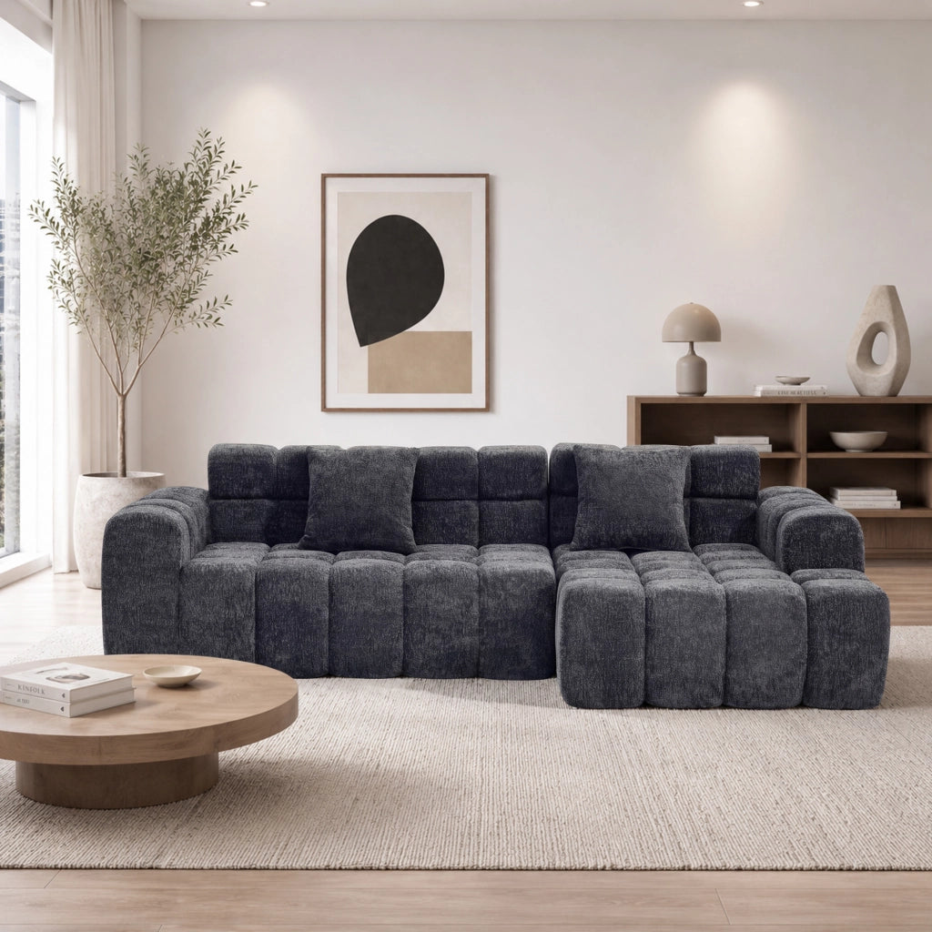 Divano angolare convertibile a L; stile moderno; nero e grigio