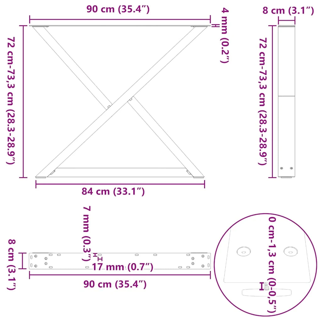 Set di 2 eleganti gambe fisse per tavolo da pranzo 90 x 73 cm con piedini regolabili in acciaio antracite 02_0057019