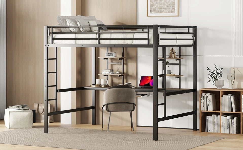 Letto a soppalco in metallo con scrivania e due scaffali, 140x200 cm, nero