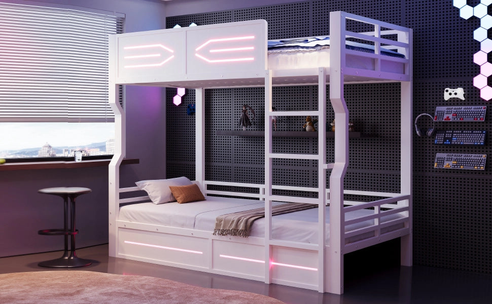 Letto a castello 90 × 200 cm con illuminazione LED, sponde di sicurezza, senza materasso, bianco