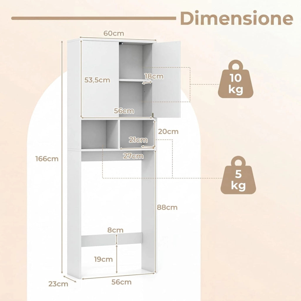 Mobile Bagno Sopra WC, Mobiletto Bagno Salvaspazio da Terra con 2 Ante, 2 Scomparti Aperti e Ripiano Regolabile, Scaffale Sopra Lavatrice per Lavanderia, 60 x 23 x 166 cm