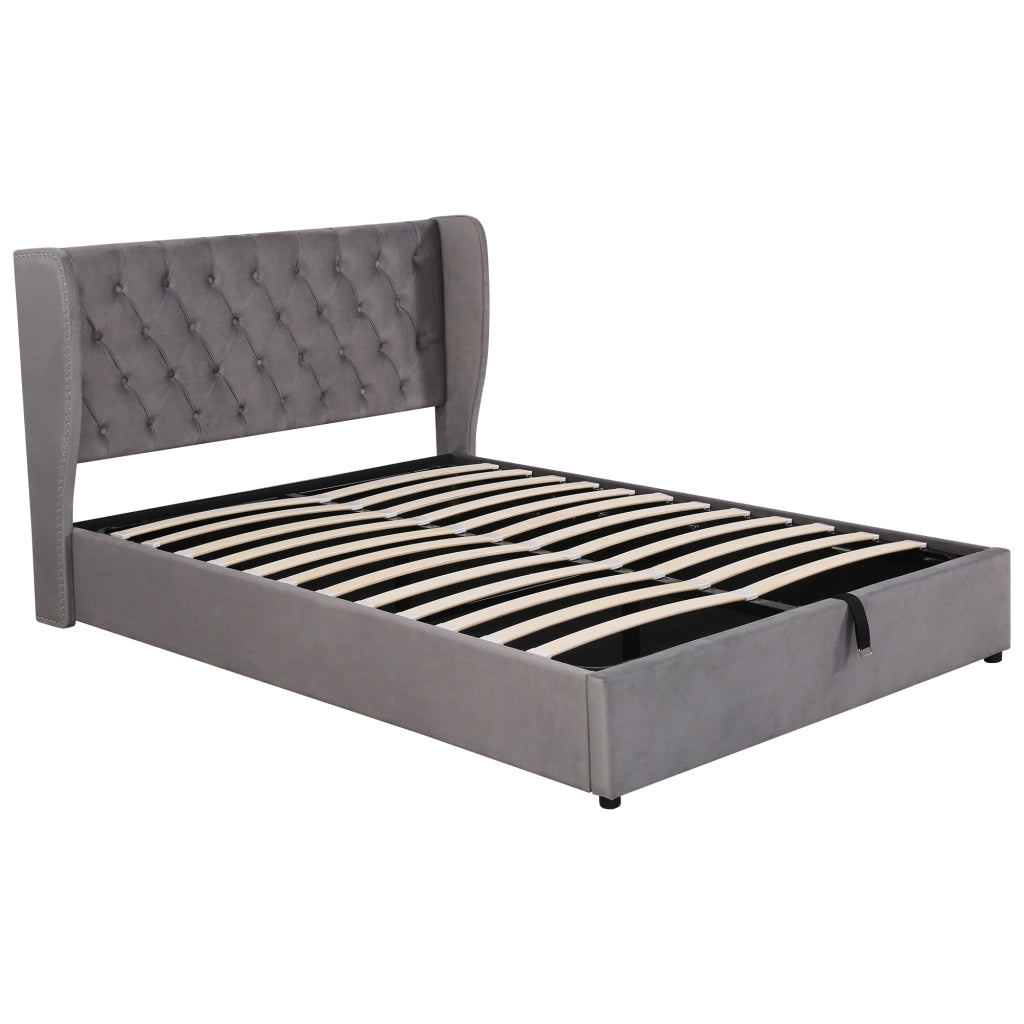 Letto matrimoniale imbottito 140x200 in velluto grigio con testiera alta, contenitore con sollevamento idraulico e rete a doghe