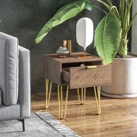 Comodini Moderni Set 2 Pezzi in Truciolato e Acciaio con Cassetto, 39.5x41x49 cm, Marrone