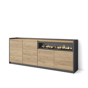 Credenza, Mobile, Cucina, 207x80x37 cm, 4 Porte, Camino elettrico, Rovere e nero