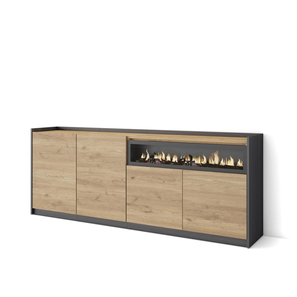 Credenza, Mobile, Cucina, 207x80x37 cm, 4 Porte, Camino elettrico, Rovere e nero