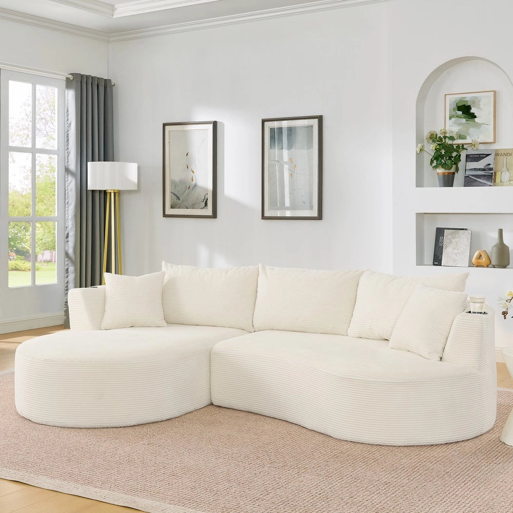 Divano 3 Posti con Chaise Longue Sinistra e Cuscini ¨C Xylo ¨C Beige, Tessuto a Coste, con Portabicchieri